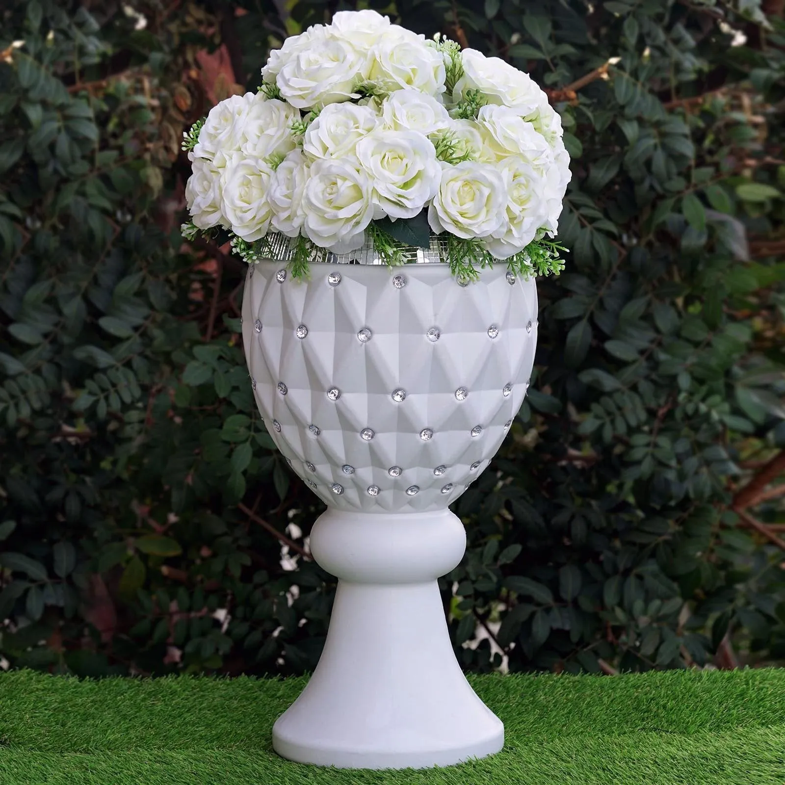 10mm Crystal Bead Studded White Wedding French Columns With Mirror Mosaic Party Event Decoration - 21"x9.5" - 4PCS