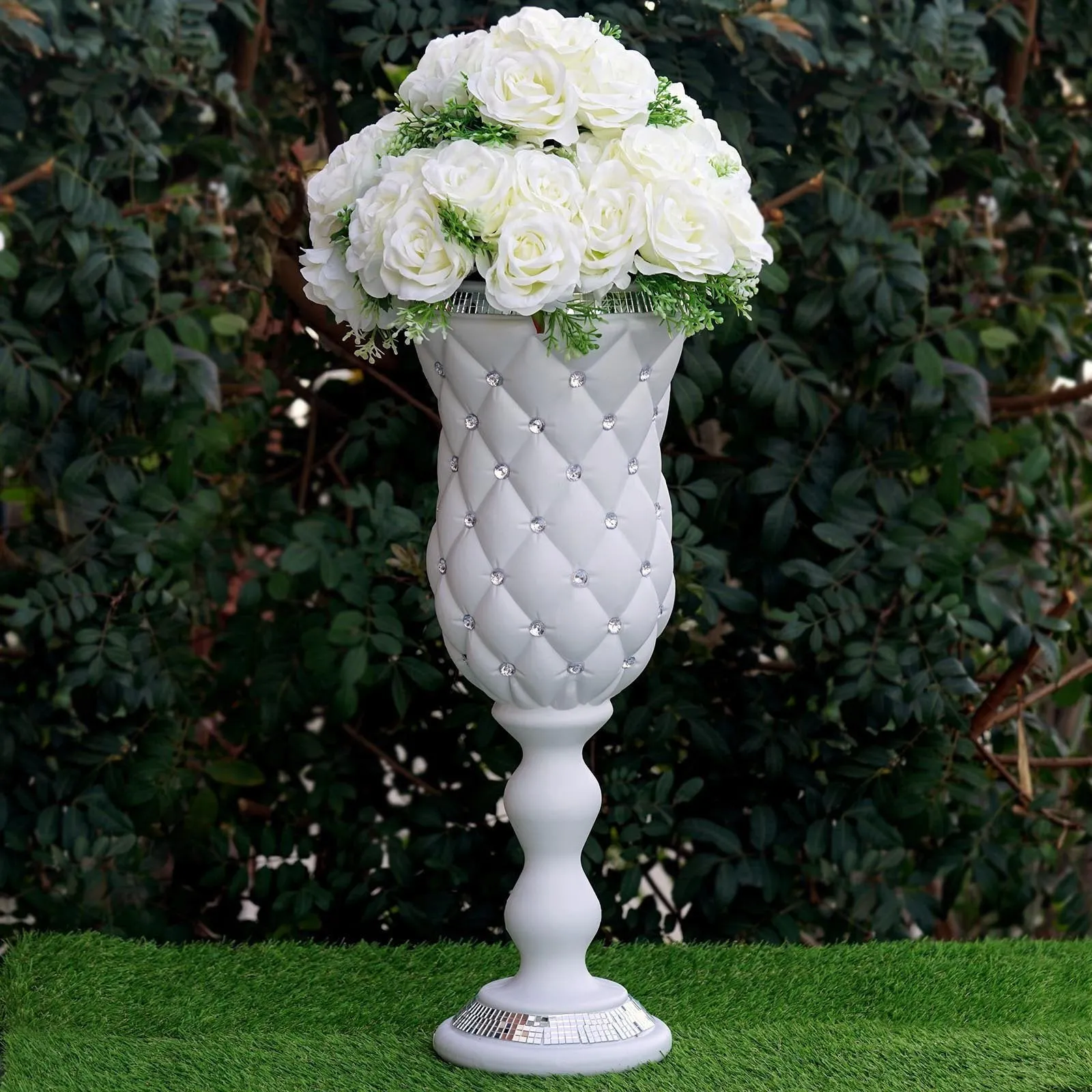 10mm Crystal Bead Studded White Wedding French Columns With Mirror Mosaic Party Event Decoration - 24"x8.75" - 6PCS