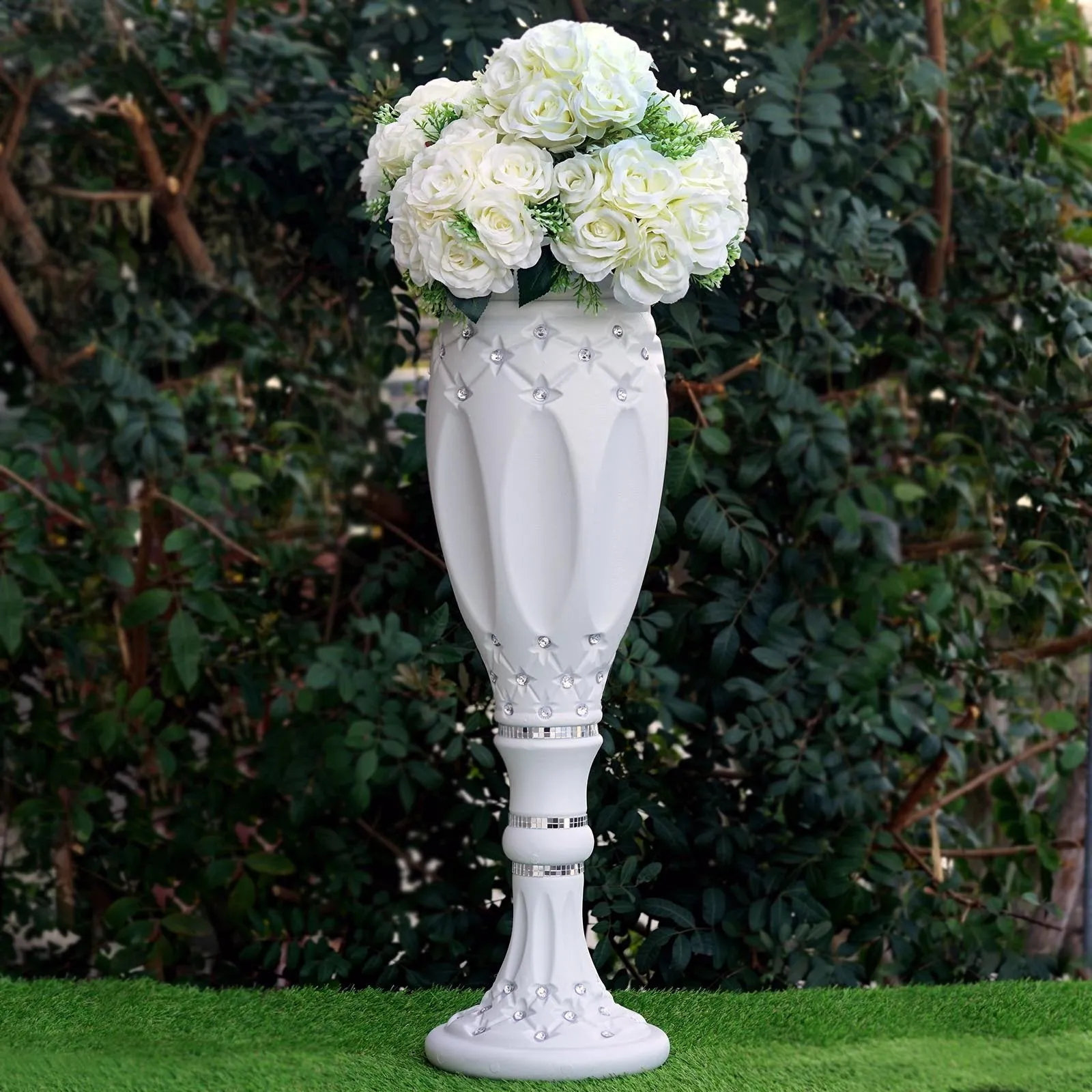 10mm Crystal Bead Studded White Wedding French Columns With Mirror Mosaic Party Event Decoration - 30.75"x9" - 4PCS