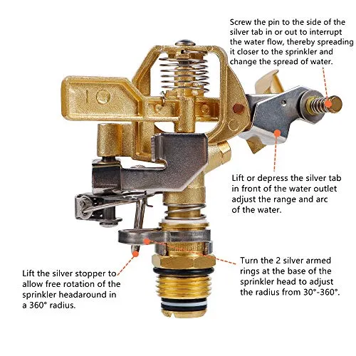 1/2 Inch Brass Impact Sprinkler, Heavy Duty Sprinkler Head with Nozzles, Adjustable 0-360 Degrees Pattern, Watering Sprinklers for Yard, Lawn and Grass Irrigation, 3 Pack
