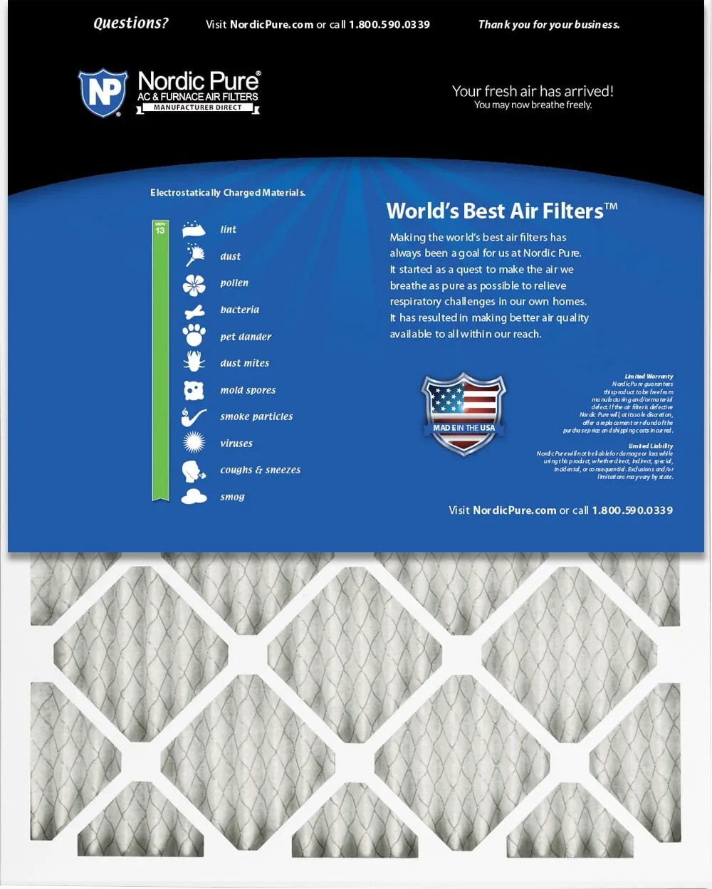 14x25x1 (13_1/2x24_1/2) Pleated MERV 13 Air Filters 6 Pack