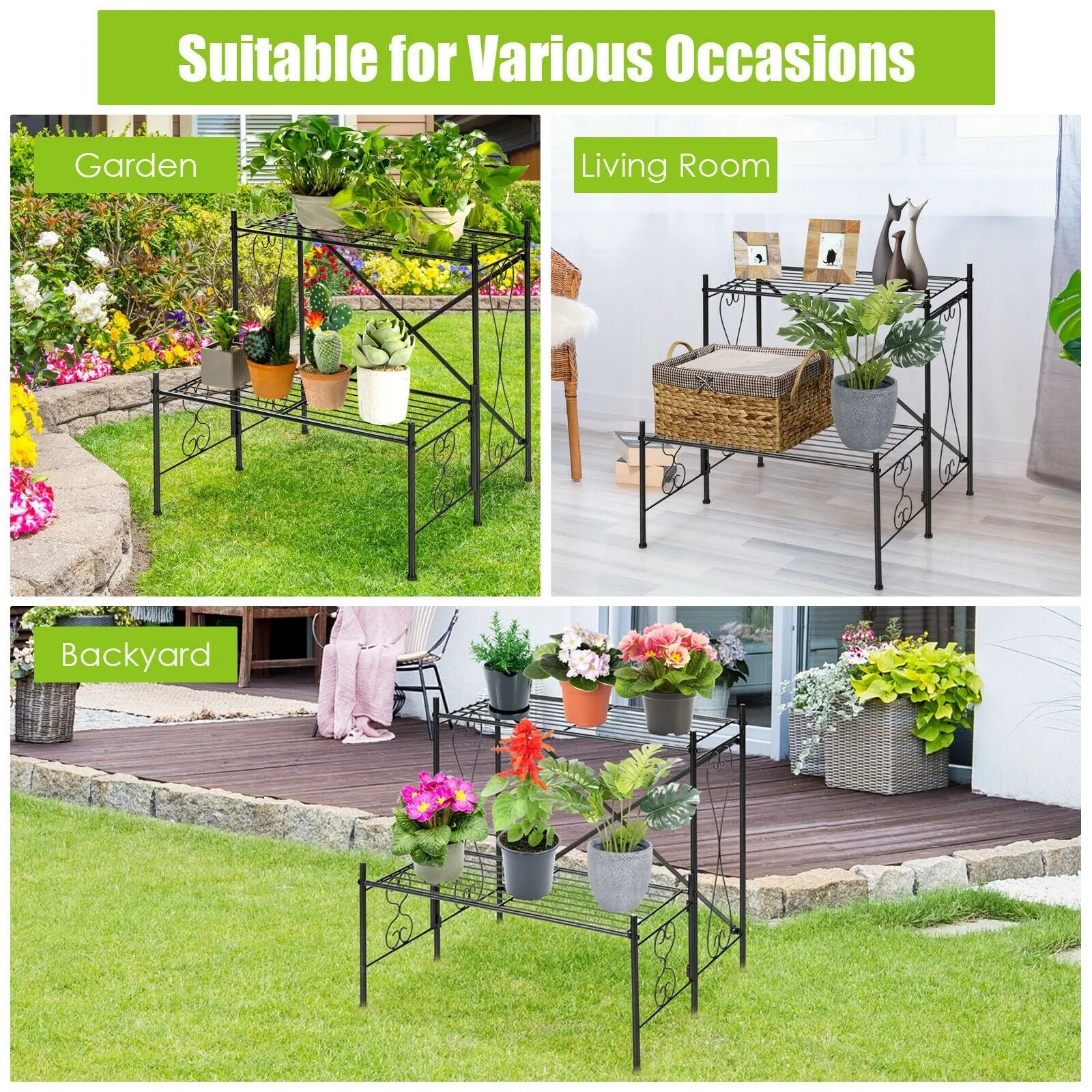 2-Tier Metal Plant Stand Garden Shelf