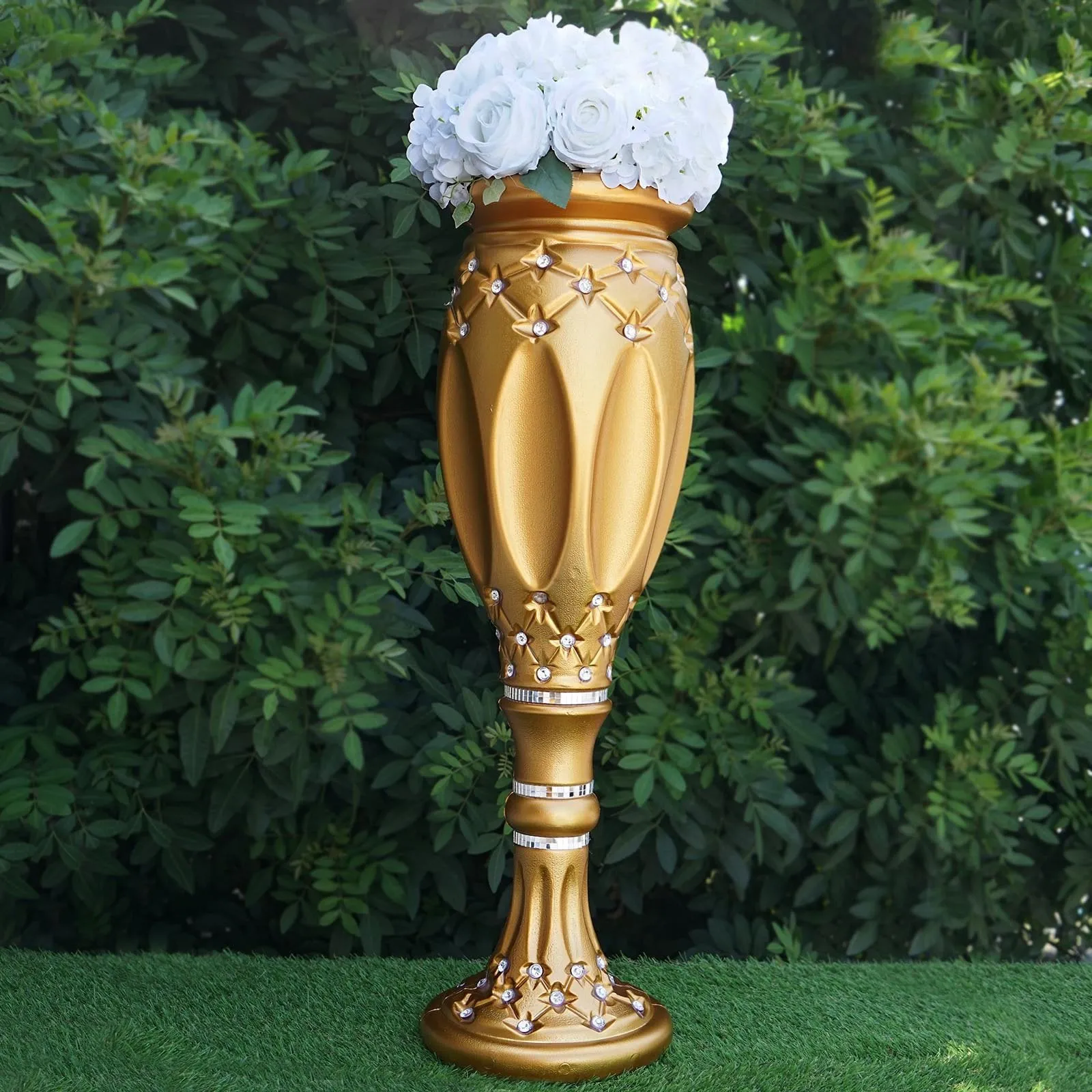 31" Tall Crystal Beaded Gold Wedding French Columns With Mirror Mosaic Party Event Decoration - 4PCS
