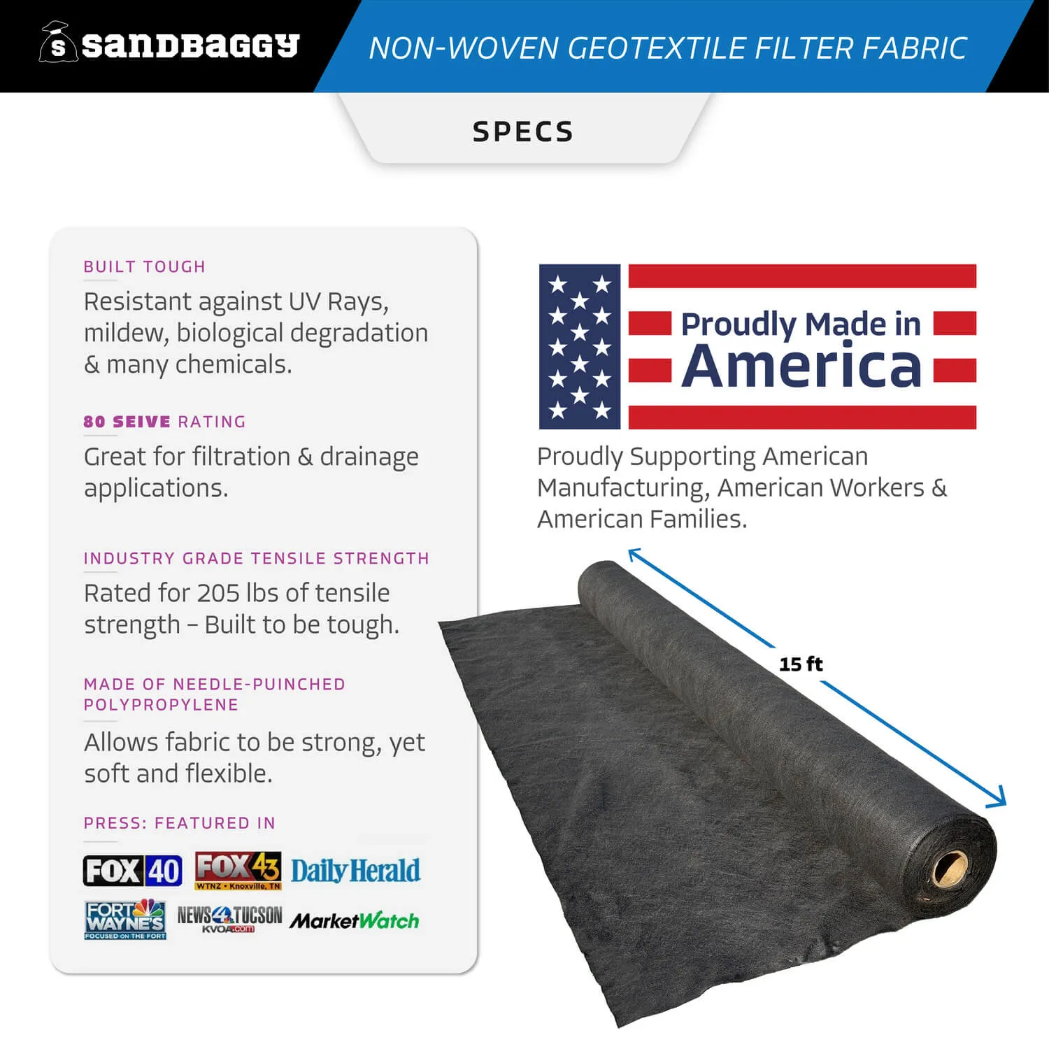 8 oz Non-Woven Geotextile Filter Fabric (300 ft) - Made in USA