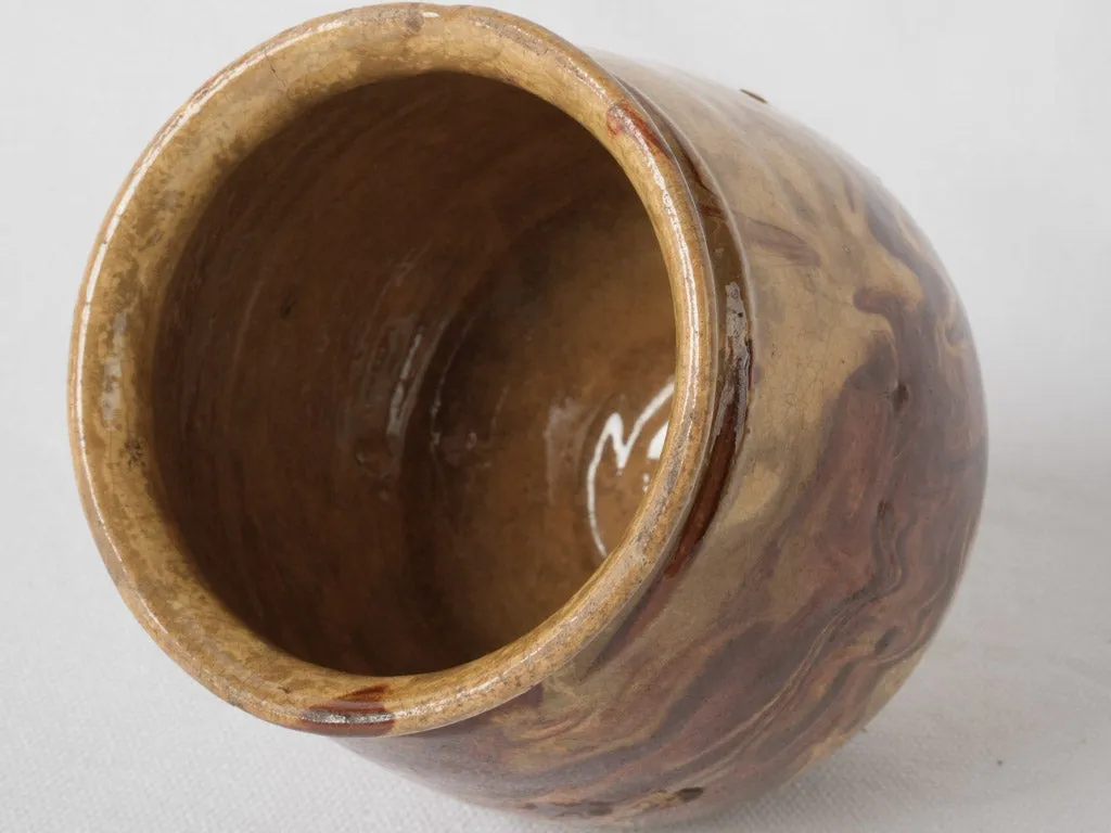 Antique French petit honey pot w/ beautiful marbleized glaze 5"