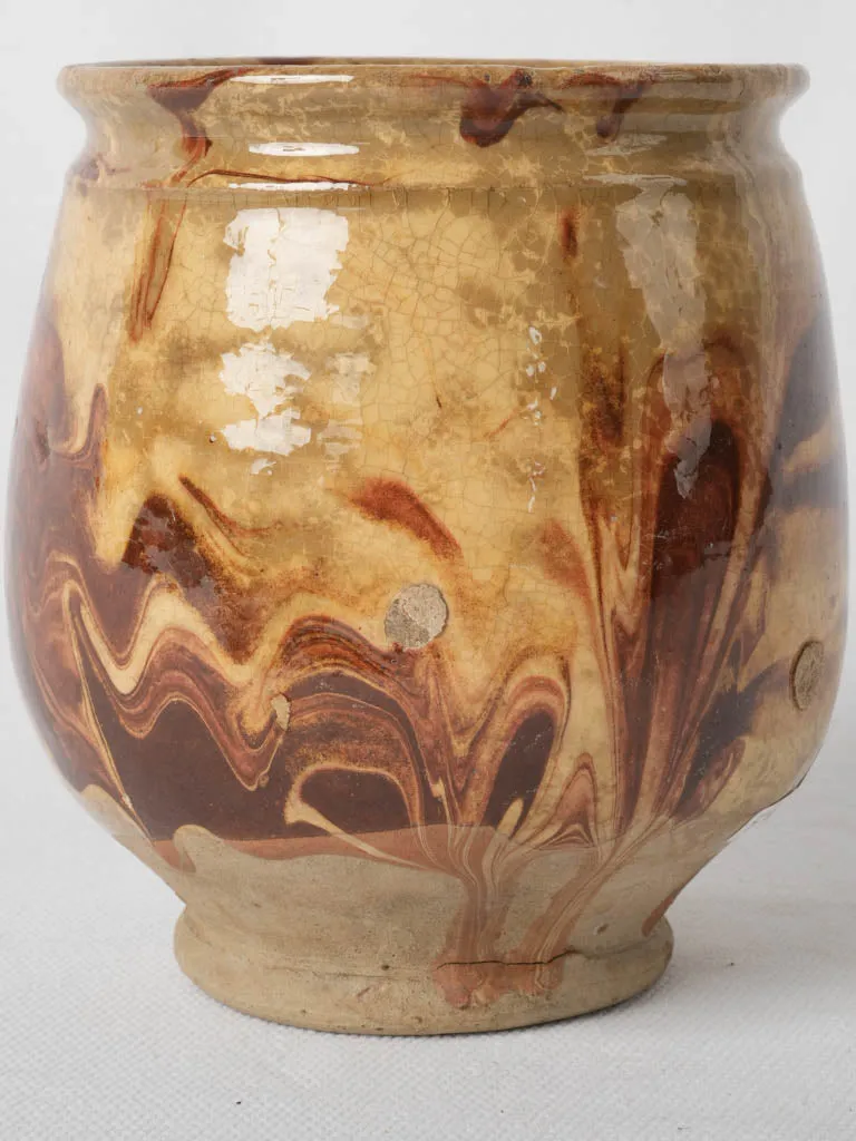 Antique French petit honey pot w/ beautiful marbleized glaze 5"