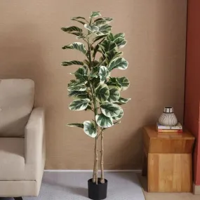 Artificial Fiddle Leaf Fig Variegated Plant With Black Pot | 5 feet