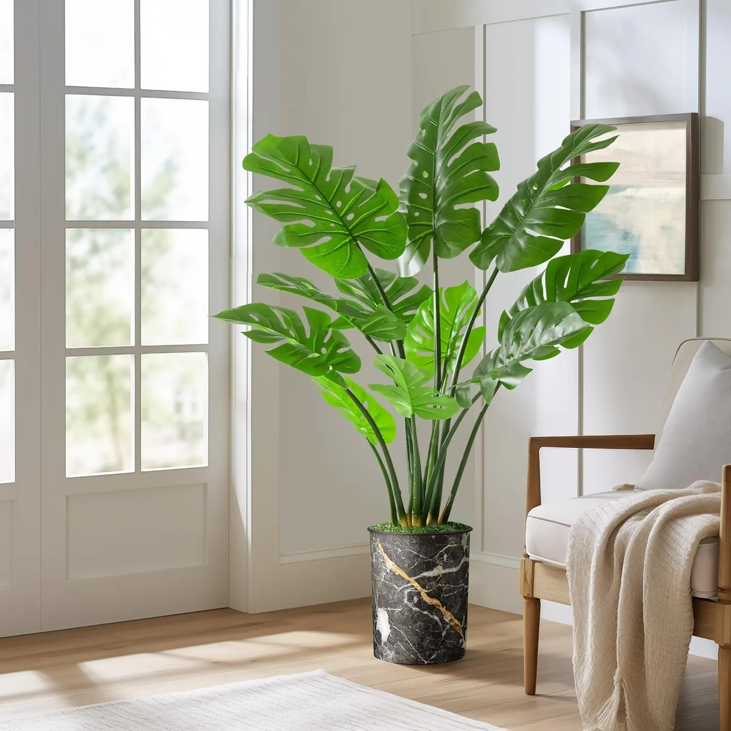 Artificial Tree in Modern Granite Effect Planter, Fake Monstera Silk Tree for Indoor and Outdoor Home Decoration - 56" Overall Tall (Plant Pot plus Tree)