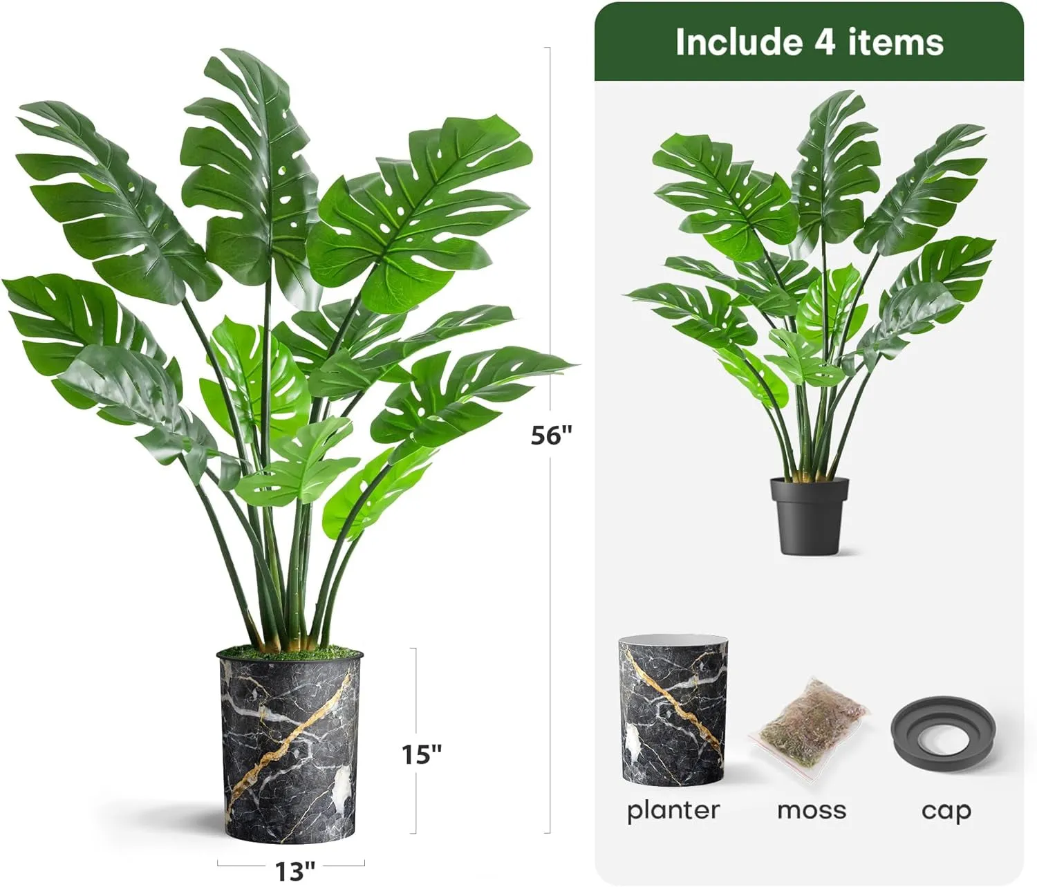 Artificial Tree in Modern Granite Effect Planter, Fake Monstera Silk Tree for Indoor and Outdoor Home Decoration - 56" Overall Tall (Plant Pot plus Tree)