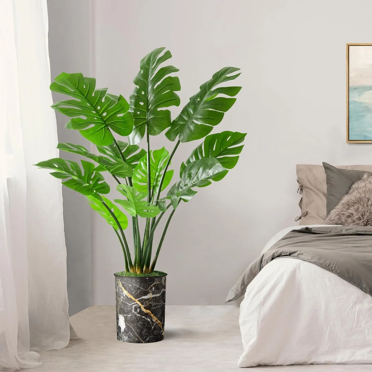 Artificial Tree in Modern Granite Effect Planter, Fake Monstera Silk Tree for Indoor and Outdoor Home Decoration - 56" Overall Tall (Plant Pot plus Tree)