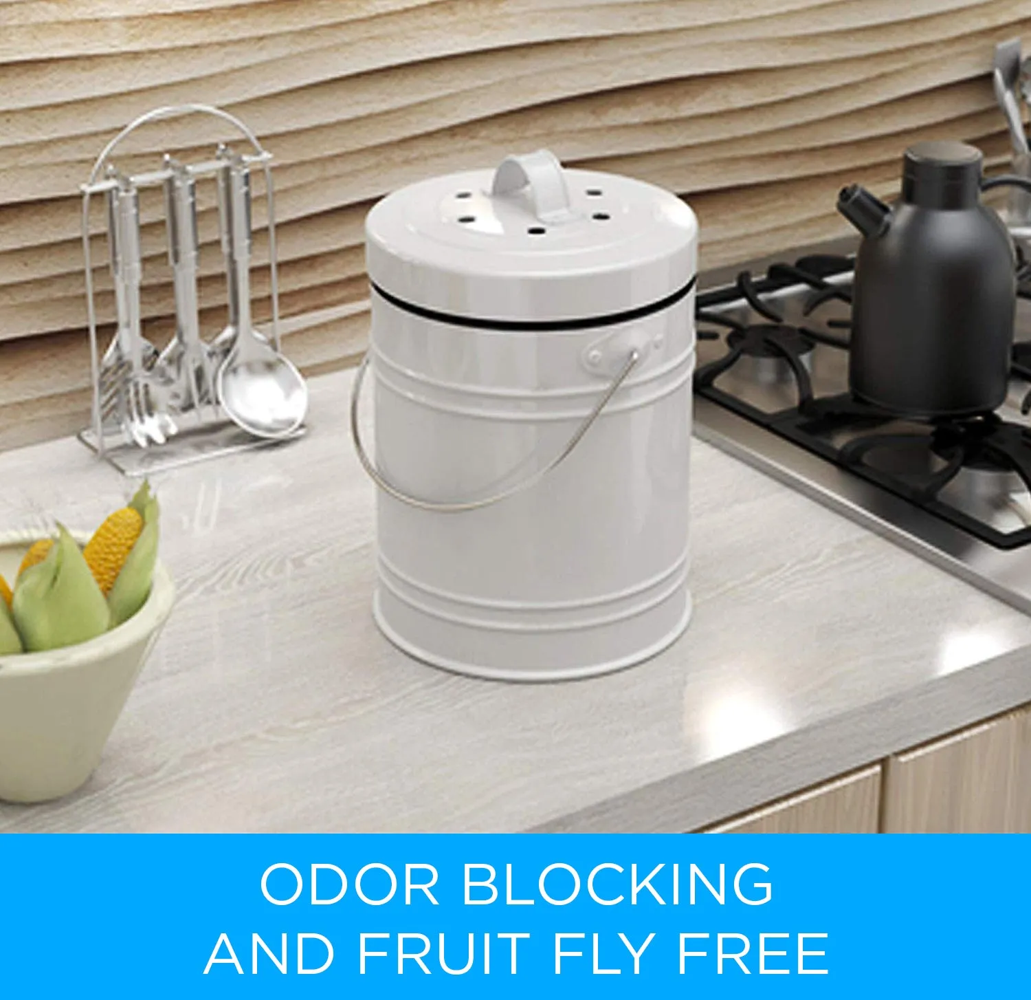Countertop Compost Bin - Kitchen compost bin with EZ-No Lock Lid, Plastic Liner & Charcoal Filters - Sturdy Construction & Odor-Free Seal to Prevent Smell, Dishwasher Safe