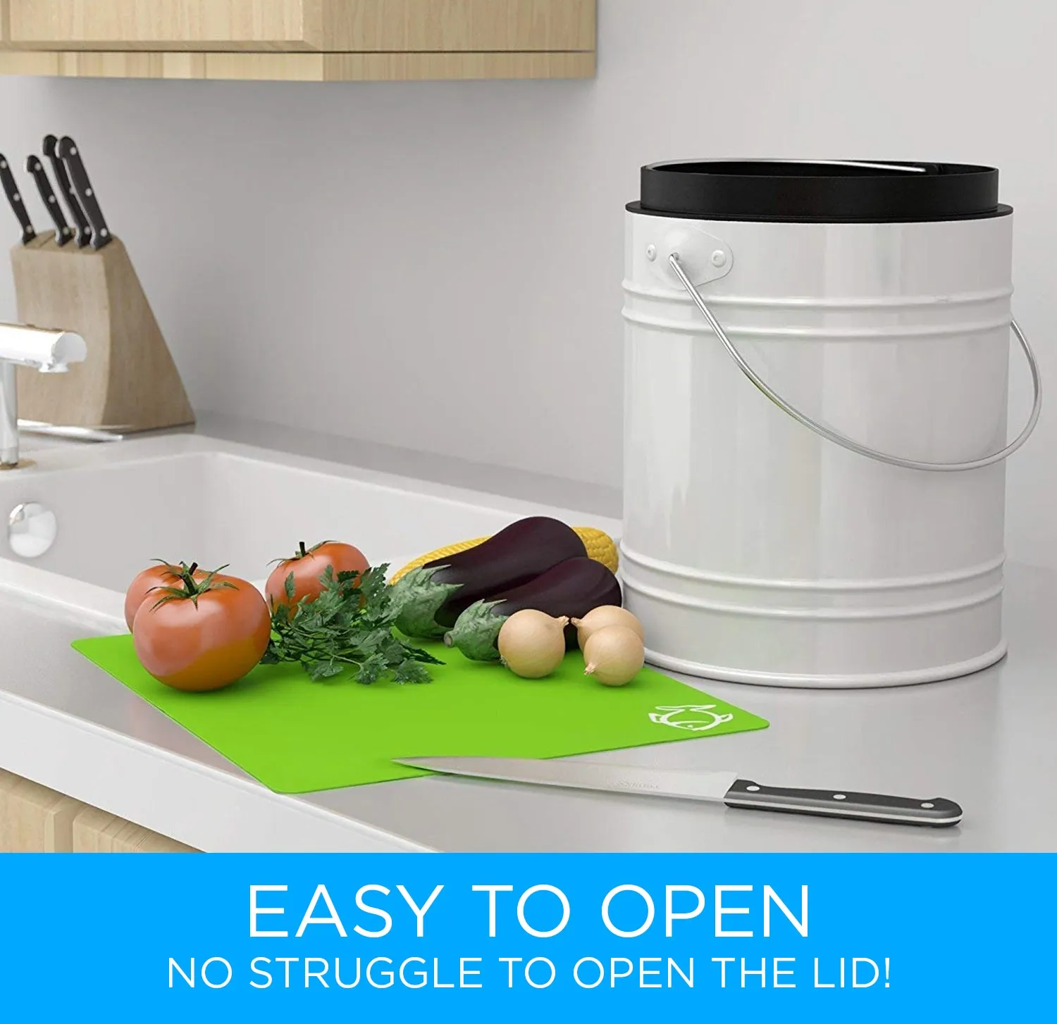 Countertop Compost Bin - Kitchen compost bin with EZ-No Lock Lid, Plastic Liner & Charcoal Filters - Sturdy Construction & Odor-Free Seal to Prevent Smell, Dishwasher Safe