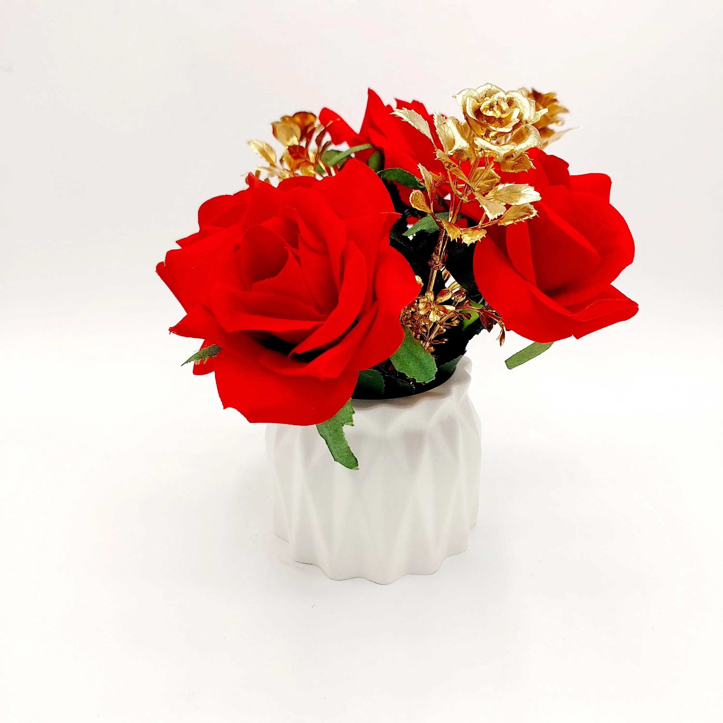 Flower With Pots - Red & Golden Roses With White Pots