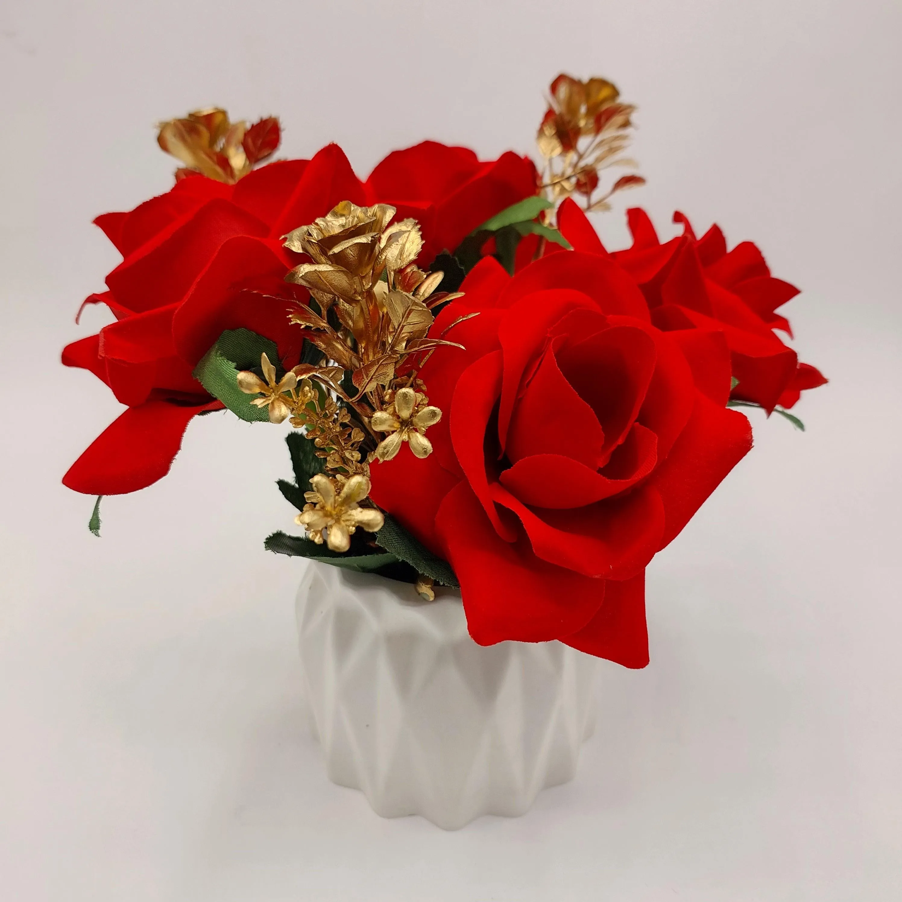 Flower With Pots - Red & Golden Roses With White Pots