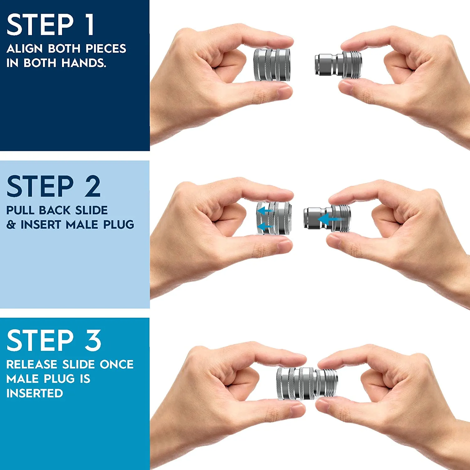 Garden Hose Quick Connect Set | Solid Stainless Steel 3/4" Quick Connect Garden Hose Fittings | 1x3