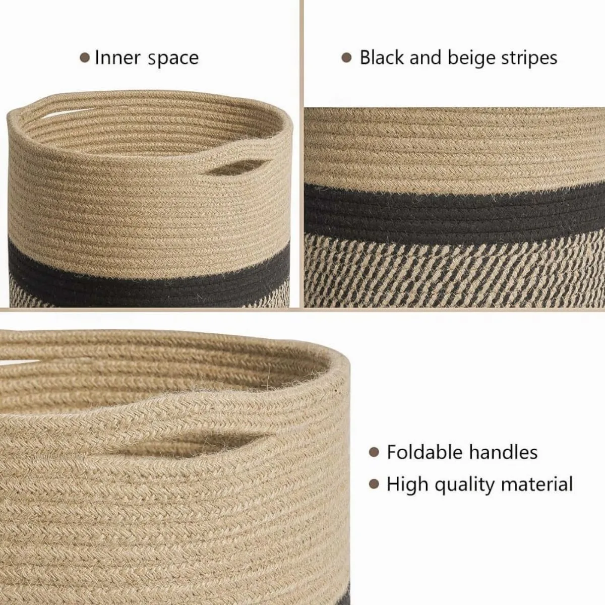 Jute Rope Baskets/Planters | Multi Purpose | Black & Beige | Foldable Handles | 11"
