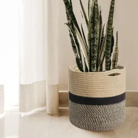 Jute Rope Baskets/Planters | Multi Purpose | Black & Beige | Foldable Handles | 11"