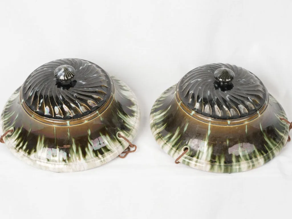 Large pair of hanging French antique majolica flower pots - green and brown 9½"