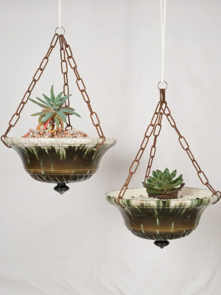 Large pair of hanging French antique majolica flower pots - green and brown 9½"