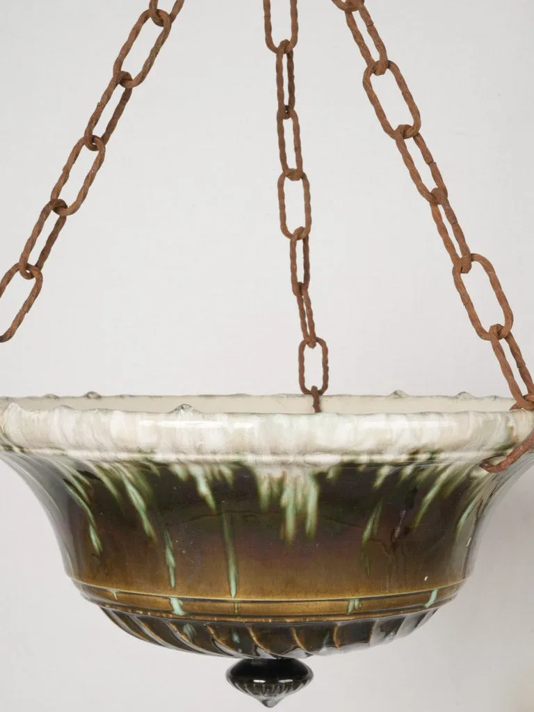 Large pair of hanging French antique majolica flower pots - green and brown 9½"