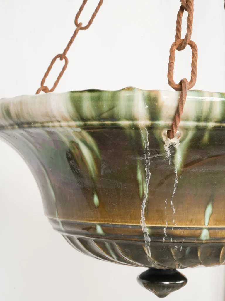 Large pair of hanging French antique majolica flower pots - green and brown 9½"
