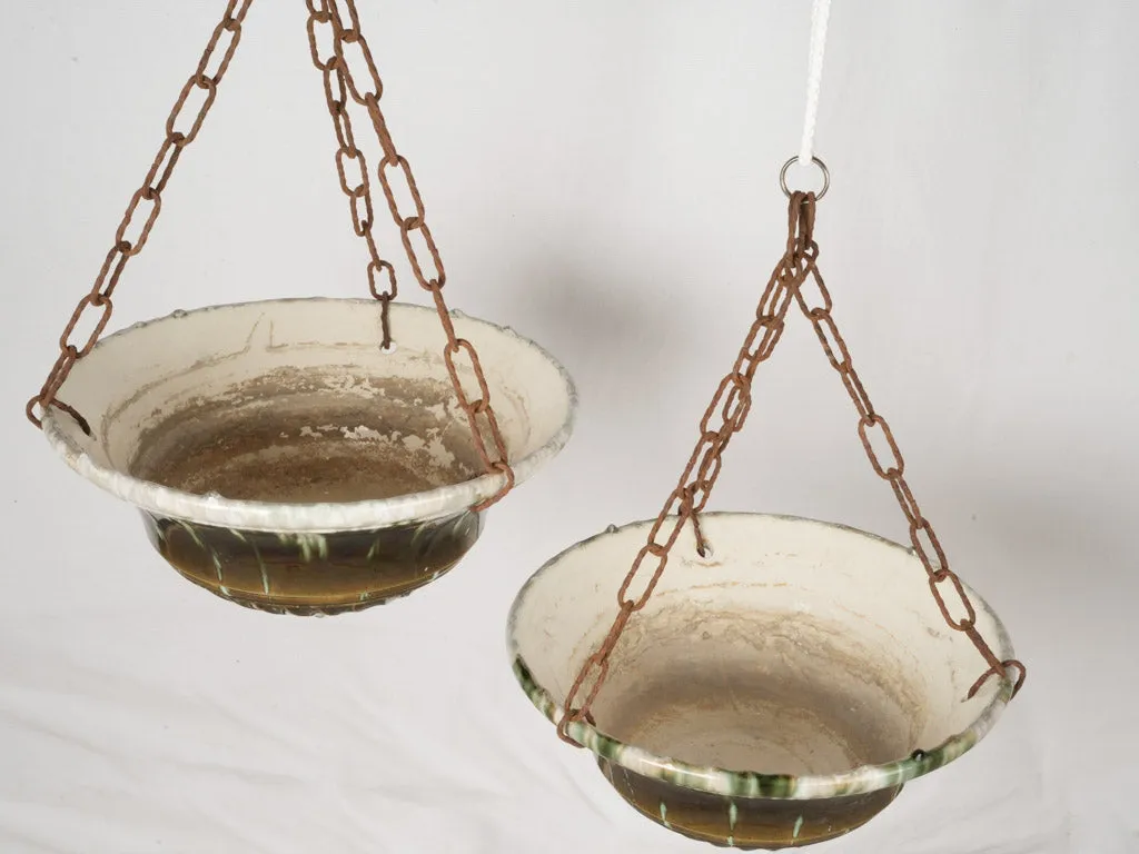 Large pair of hanging French antique majolica flower pots - green and brown 9½"