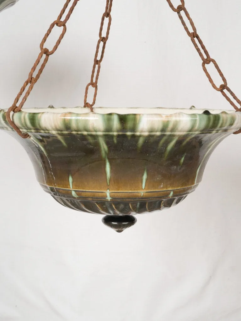 Large pair of hanging French antique majolica flower pots - green and brown 9½"