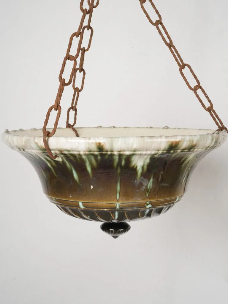 Large pair of hanging French antique majolica flower pots - green and brown 9½"