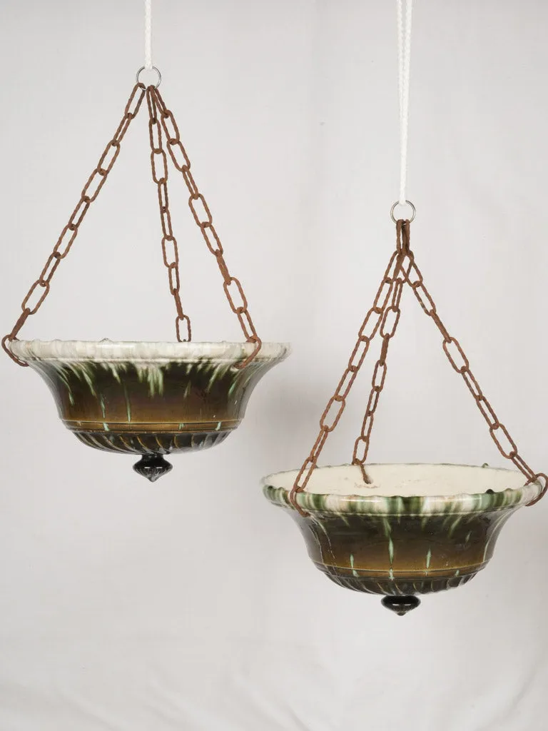 Large pair of hanging French antique majolica flower pots - green and brown 9½"