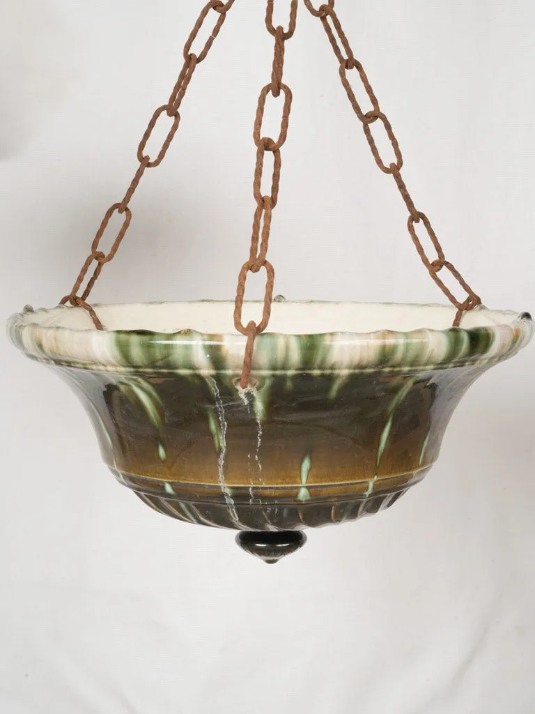 Large pair of hanging French antique majolica flower pots - green and brown 9½"