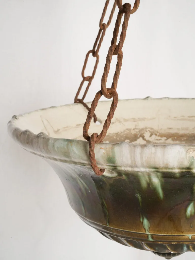 Large pair of hanging French antique majolica flower pots - green and brown 9½"