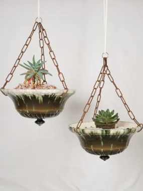 Large pair of hanging French antique majolica flower pots - green and brown 9½"