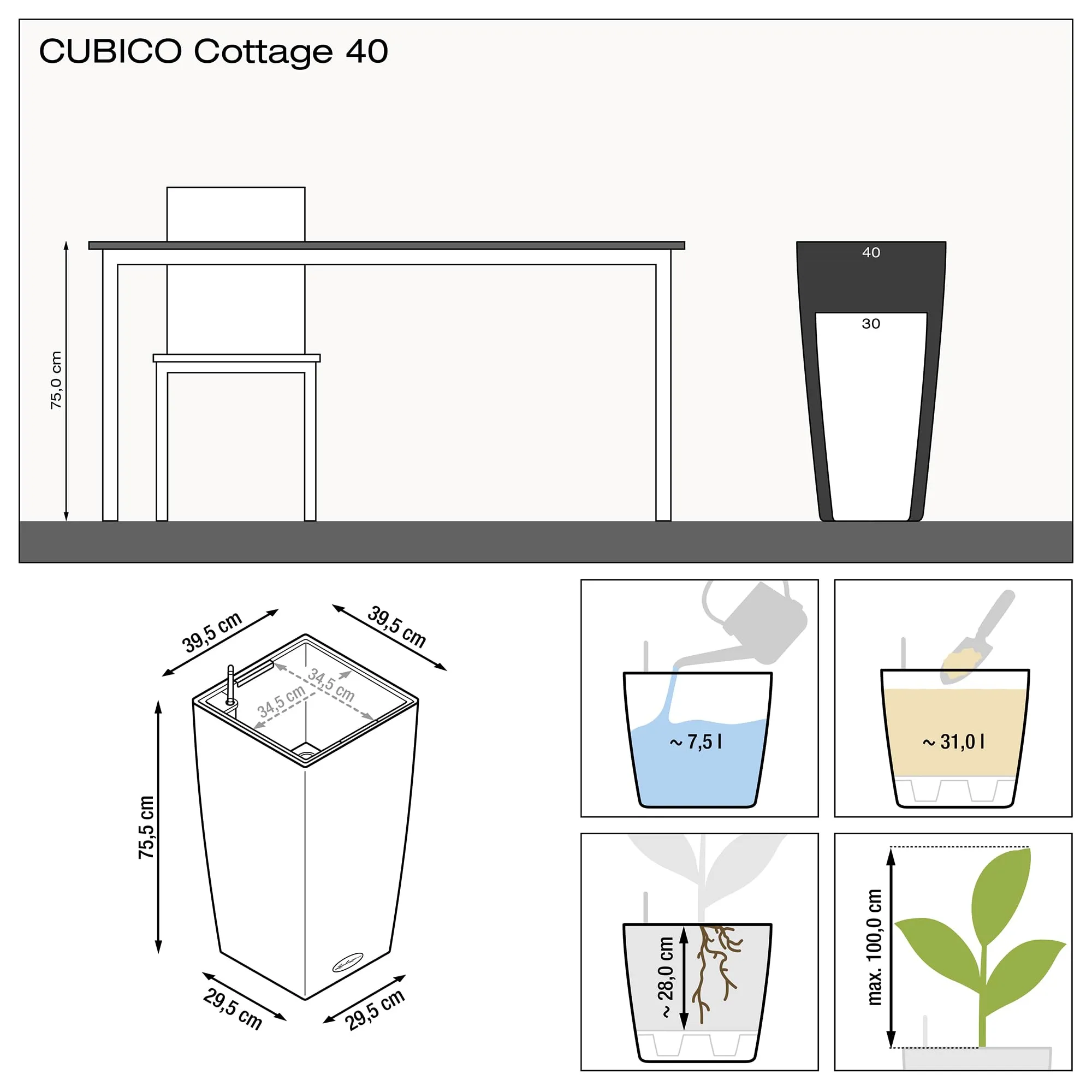 Lechuza 15242 Cubico Cottage 40 Self-Watering Planter, Granite Wicker 16"x16"x30"
