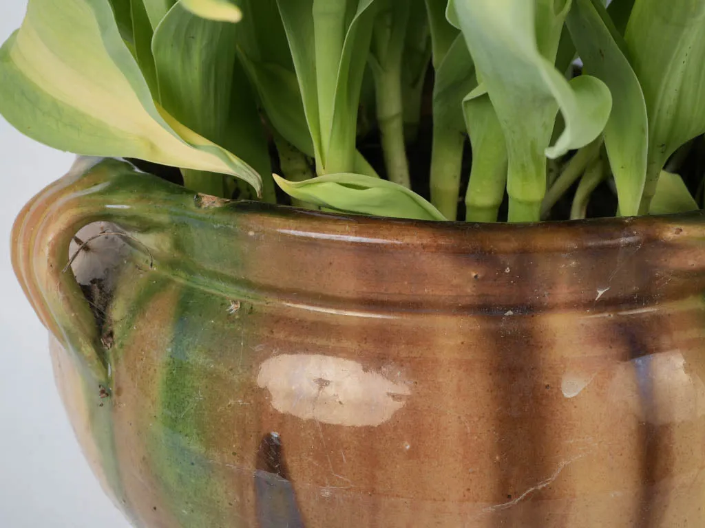 Pair of antique French Anduze flower pots featuring yellow, green & brown glaze 8¾"