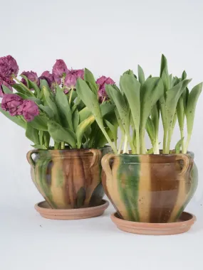 Pair of antique French Anduze flower pots featuring yellow, green & brown glaze 8¾"