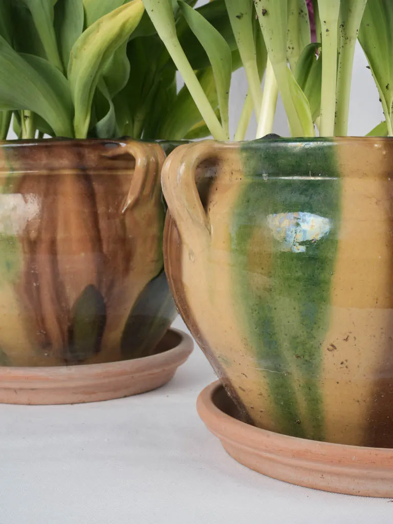 Pair of antique French Anduze flower pots featuring yellow, green & brown glaze 8¾"