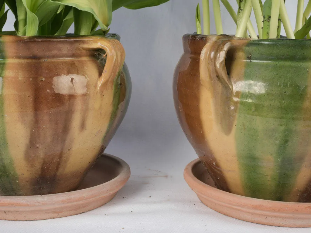 Pair of antique French Anduze flower pots featuring yellow, green & brown glaze 8¾"