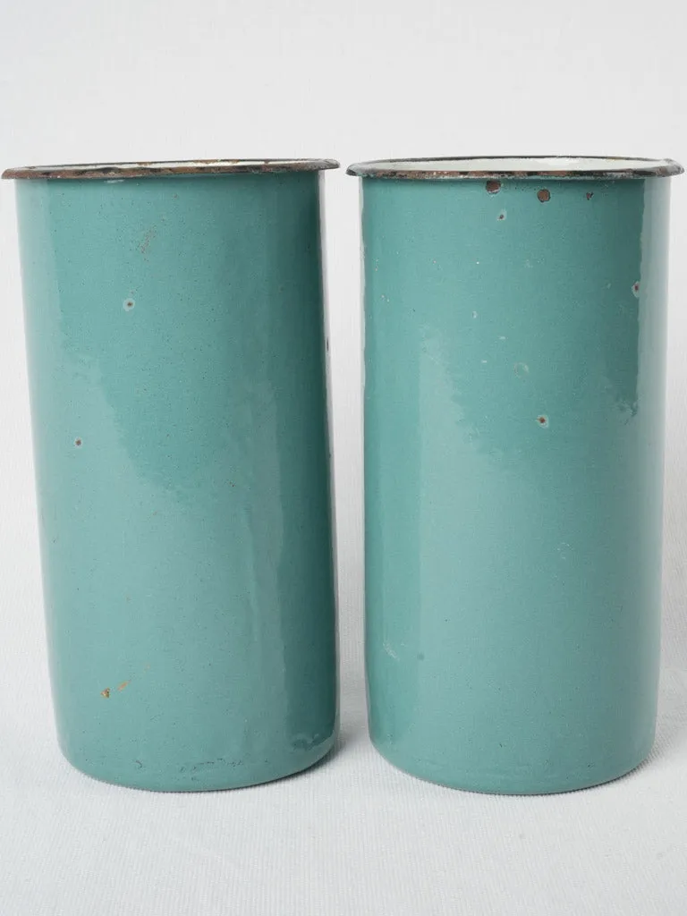 Pair of vintage turquoise enamel pots 9½"