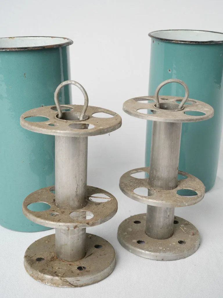 Pair of vintage turquoise enamel pots 9½"