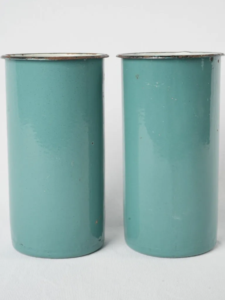 Pair of vintage turquoise enamel pots 9½"