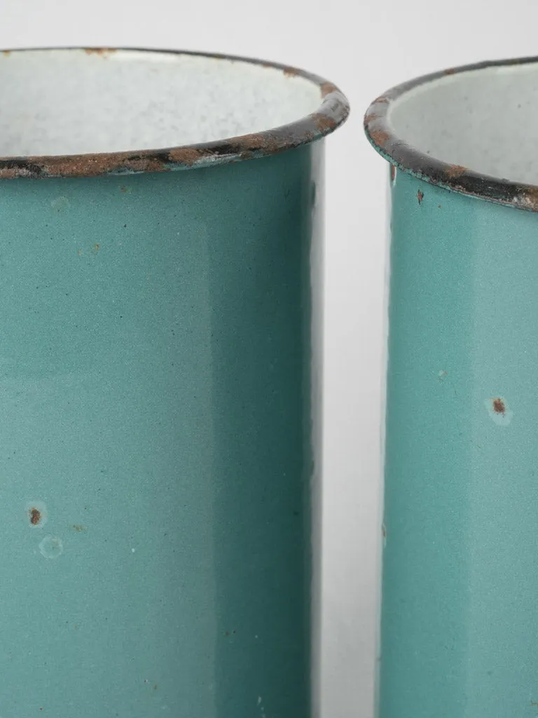 Pair of vintage turquoise enamel pots 9½"