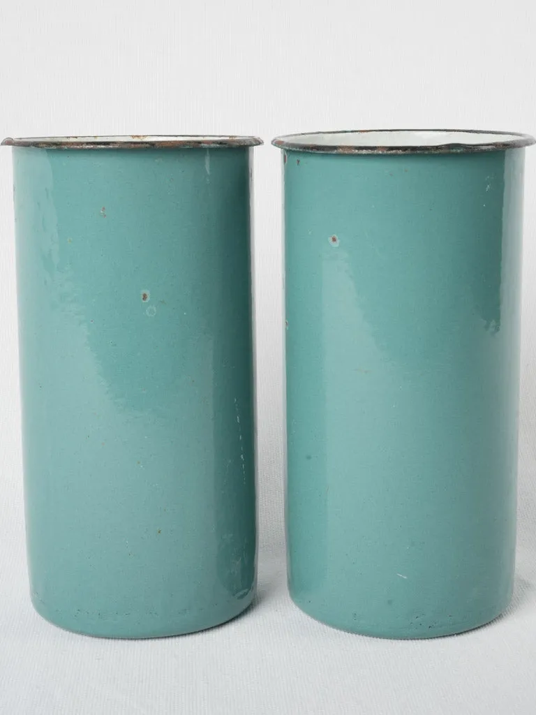 Pair of vintage turquoise enamel pots 9½"