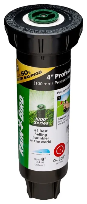 Rain Bird 1800 1804AP8PRS Pressure Regulated Pop-Up Sprinkler, 1/2 in Connection, FNPT, 4 in H Pop-Up, 8 ft :EA: QUANTITY: 1