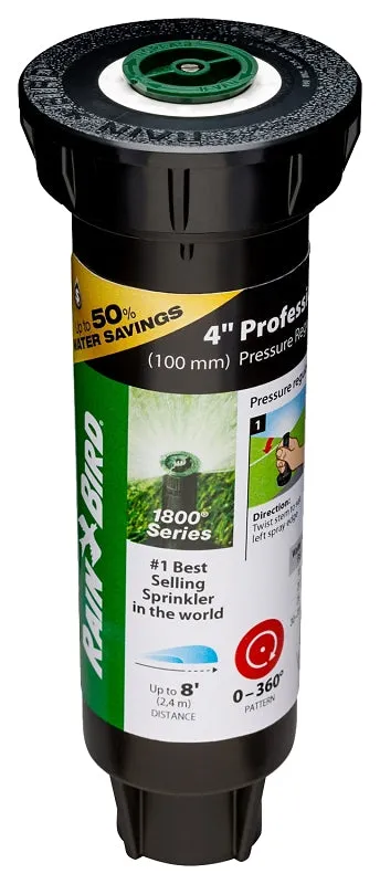 Rain Bird 1800 1804AP8PRS Pressure Regulated Pop-Up Sprinkler, 1/2 in Connection, FNPT, 4 in H Pop-Up, 8 ft :EA: QUANTITY: 1