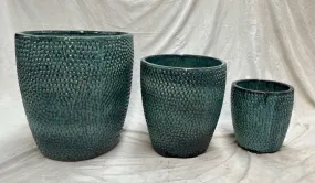 Set of 3 Blue White Glazed Ceramic Round Planters with Self-Pattern Design