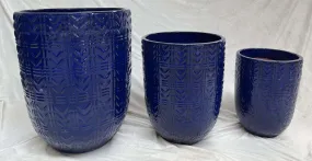 Set of 3 Dark Blue Glazed Ceramic Round Planters with Self-Pattern Design