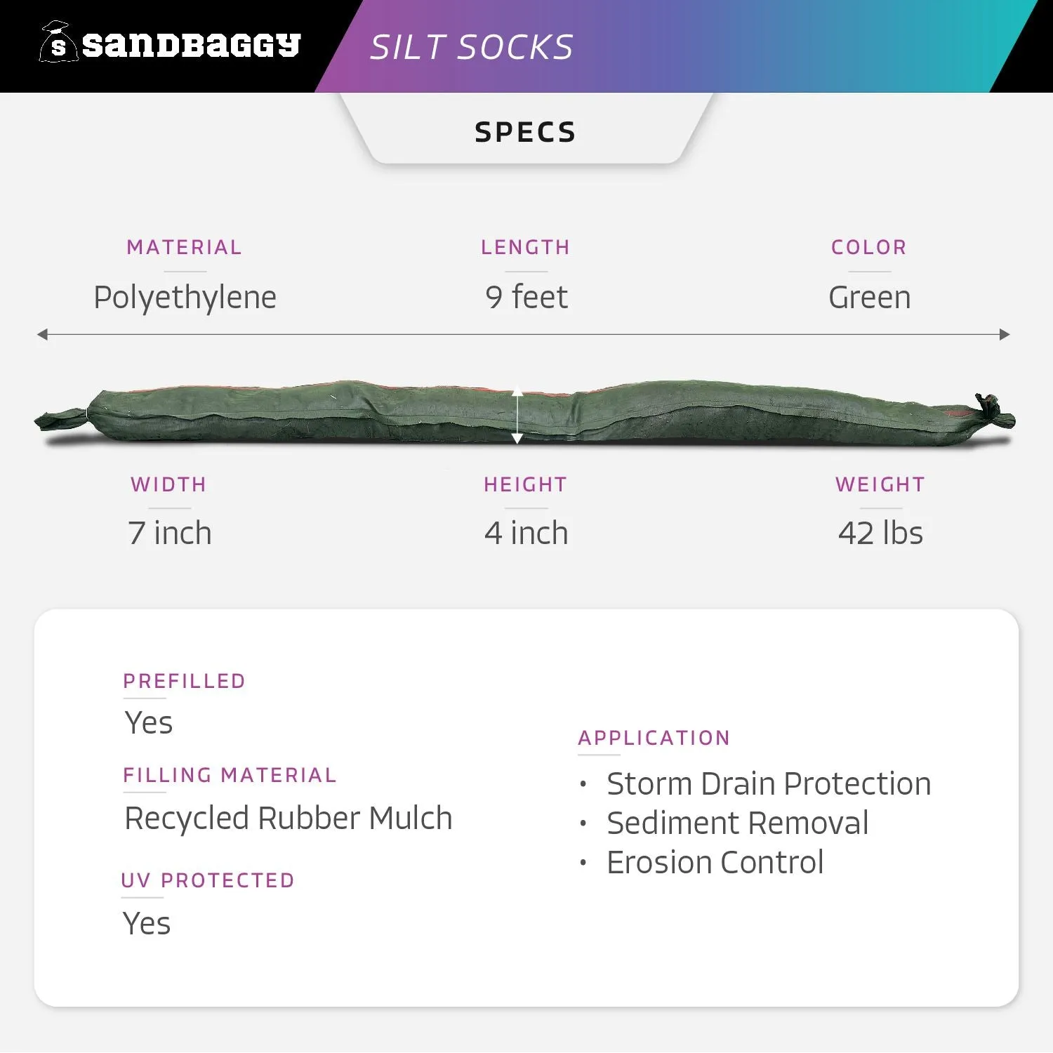 Silt Sock - Sediment Filter For Stormwater Drainage (Made in USA)