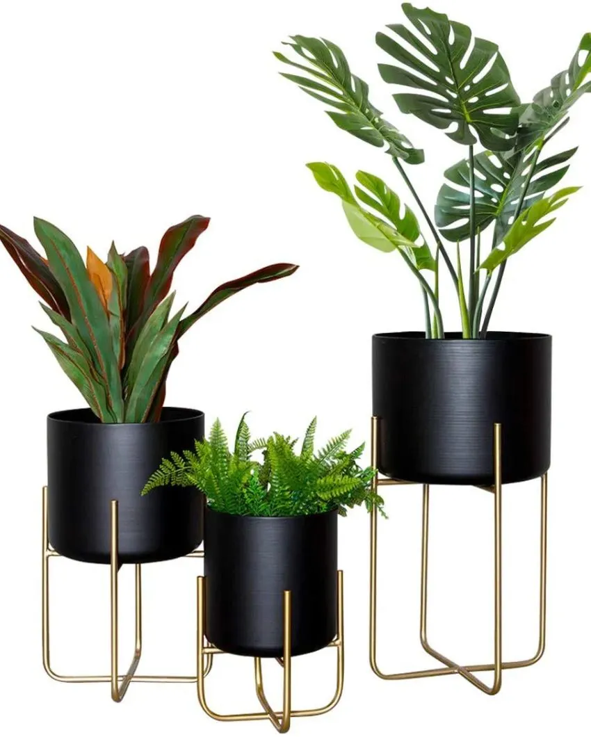 Sleek Elegance Metallic Finish Planter with Stand Without Plant | Pack of 3