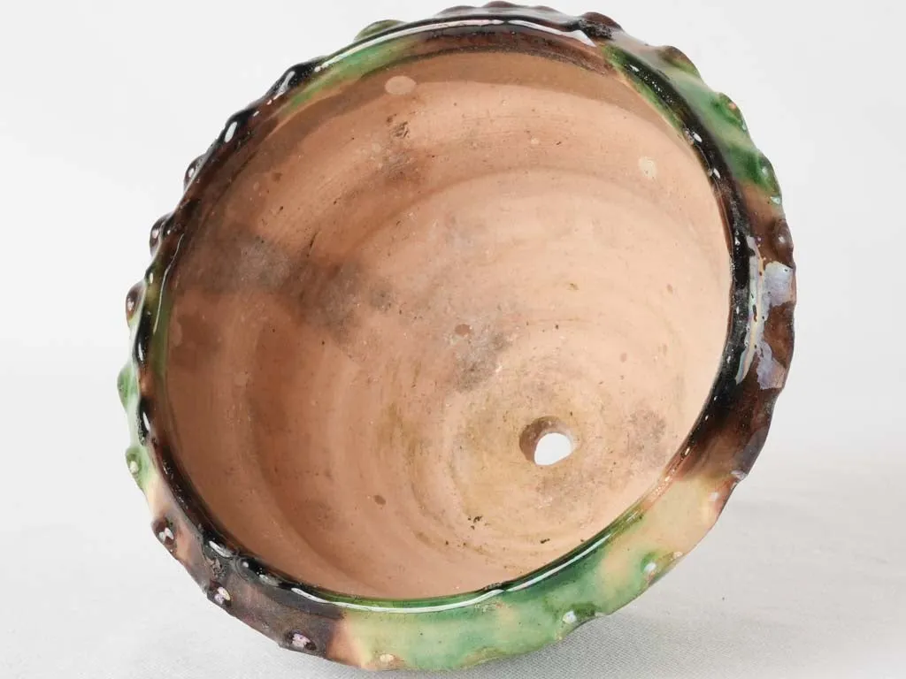 Small vintage flower pot w/ green brown & yellow 8¼"