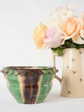 Small vintage flower pot w/ green brown & yellow 8¼"